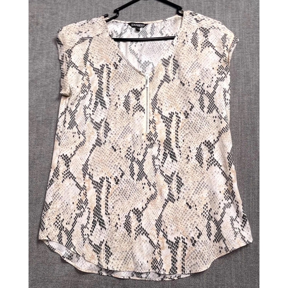 Express Blouse Top Women Small Beige Snakeskin 1/4 Zip V-Neck Cap Sleeve Elegant